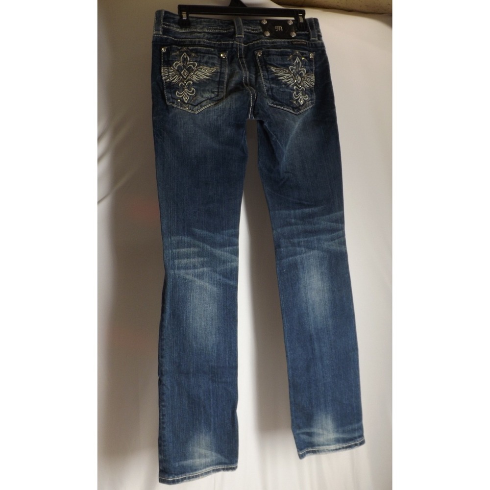 Miss Me JE5321TL Straight Leg Jeans Dark Wash Wing Fleur De Lis Rhinestone 28